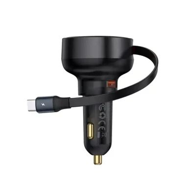 شارژر فندکی باسئوس مدل Enjoyment Pro Car Charger U+Retractable Type-C توان 60 وات